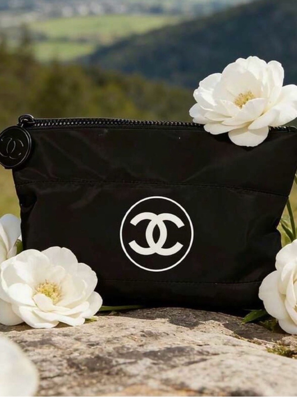 CHANEL Black Logo Cosmetic Pouch with White Emblem